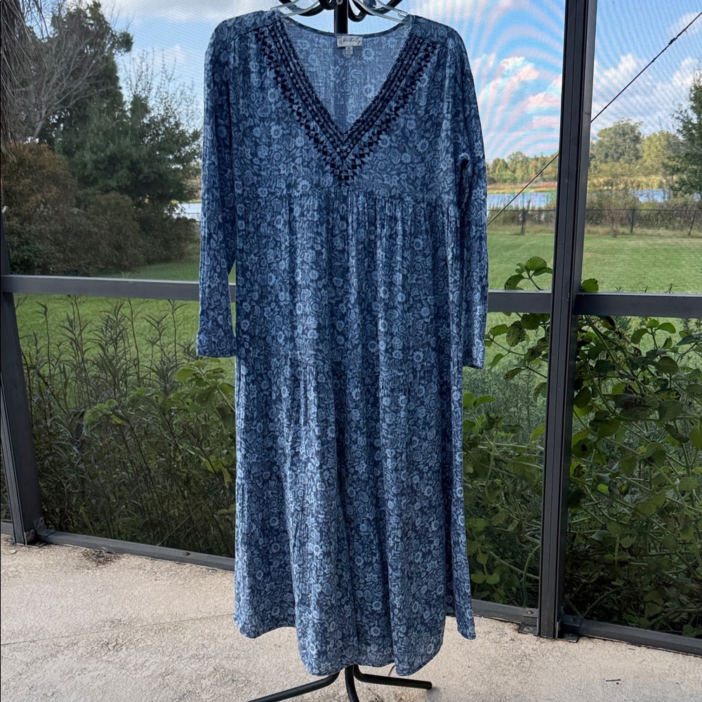 Wonderly cotton Navy Floral Long Sleeve Dress embroidered v neckline